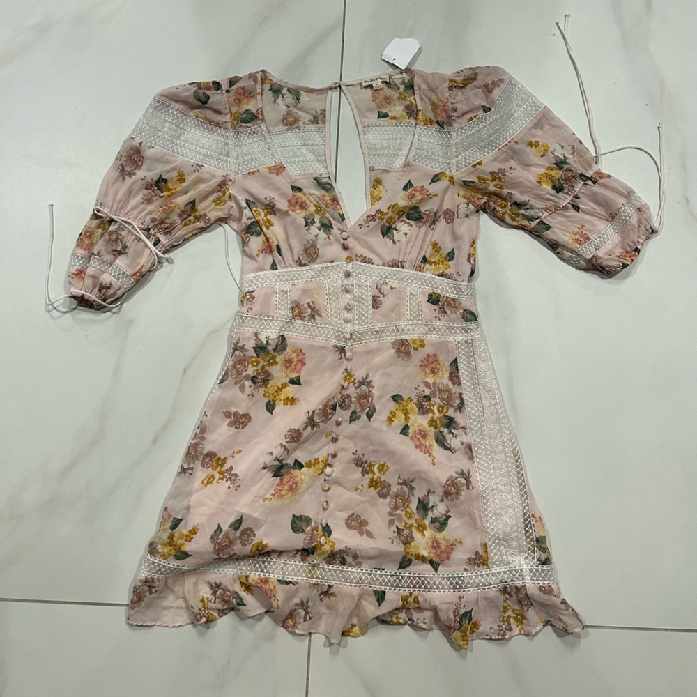 For Love And Lemons Pink Ruched Mini Dress with Puff Sleeves